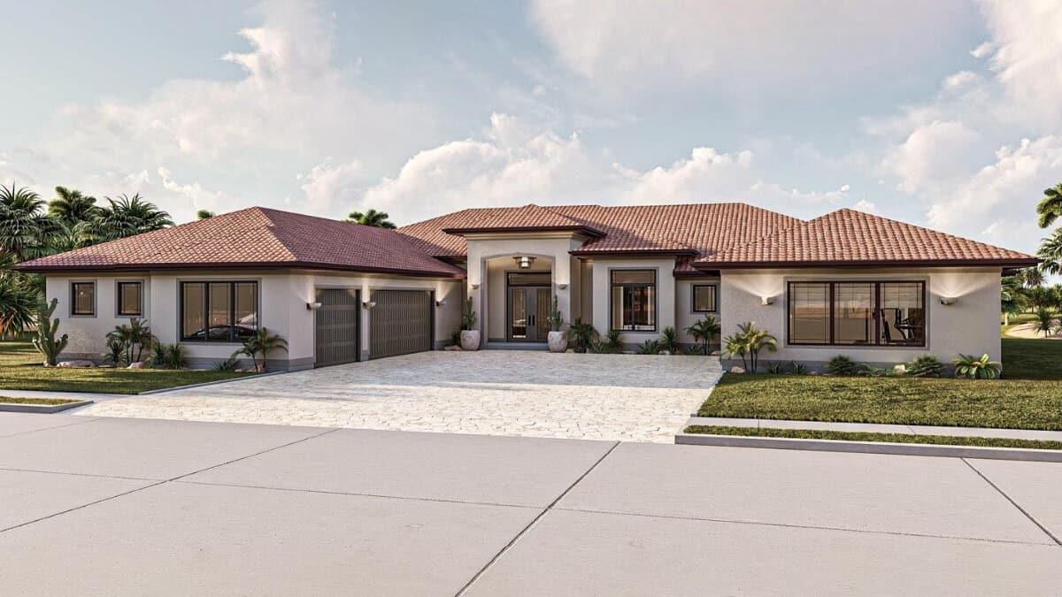 3-Bedroom Mediterranean Style Single-Story Home with 3-Car Courtyard Garage and Open-Concept Living (Floor Plan)
