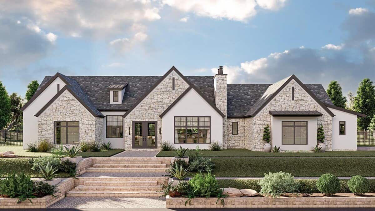Single-Story Modern 3-Bedroom Cottage for a Corner Lot with Covered Patio and Open-Concept Design (Floor Plan)