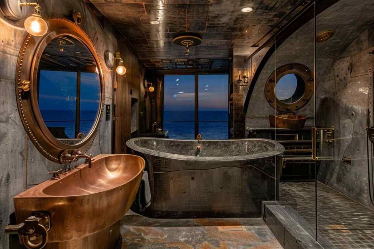 21 Bathroom Ideas Explore Steampunk-Brutalist Mashup (Concept Interiors)