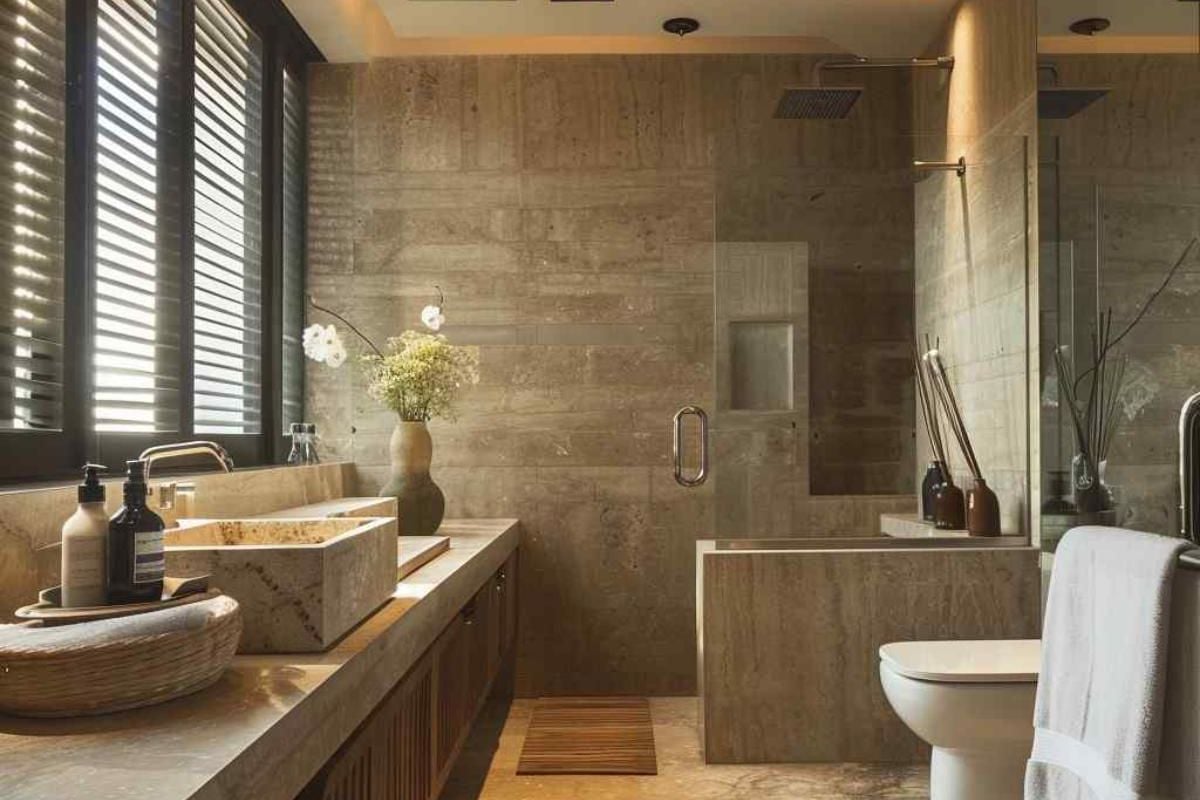 Travertine Stone Enhances 32 Bathrooms Designed with Rustic-Modern Fusion (Concept Interiors)