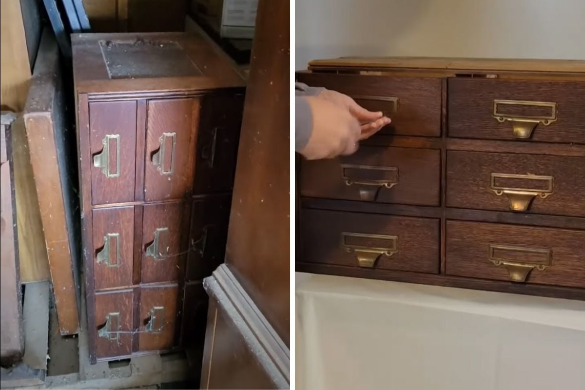 DIY’r Creates a Beautiful Wood Cabinet Table from Distressed Vintage Library Card Catalog