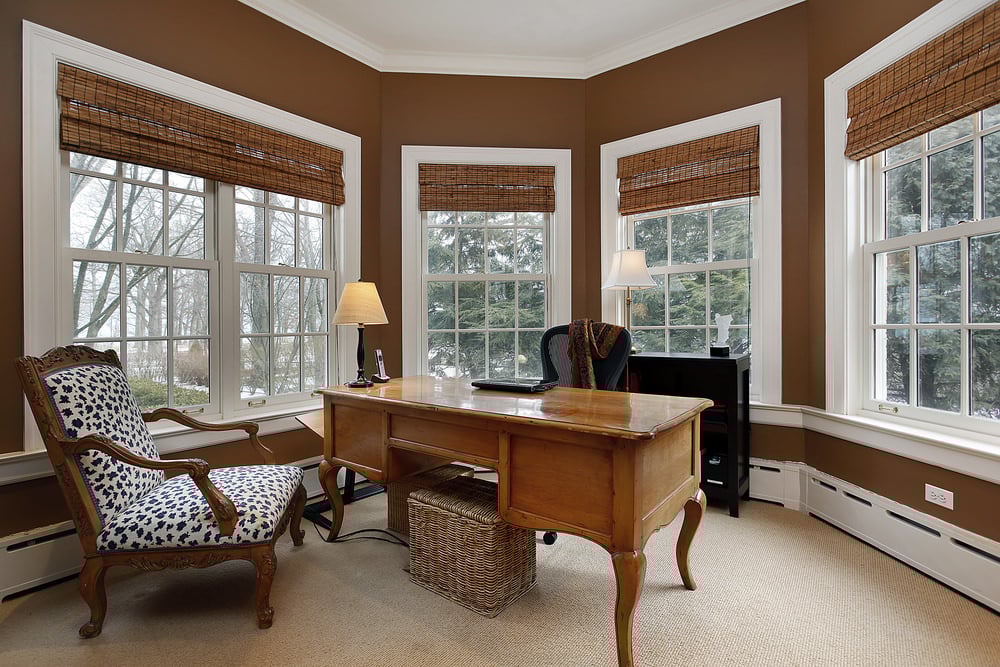 This small-sized room is simple but indeed aesthetical. Its carpeted floor matches well with the wall's color.