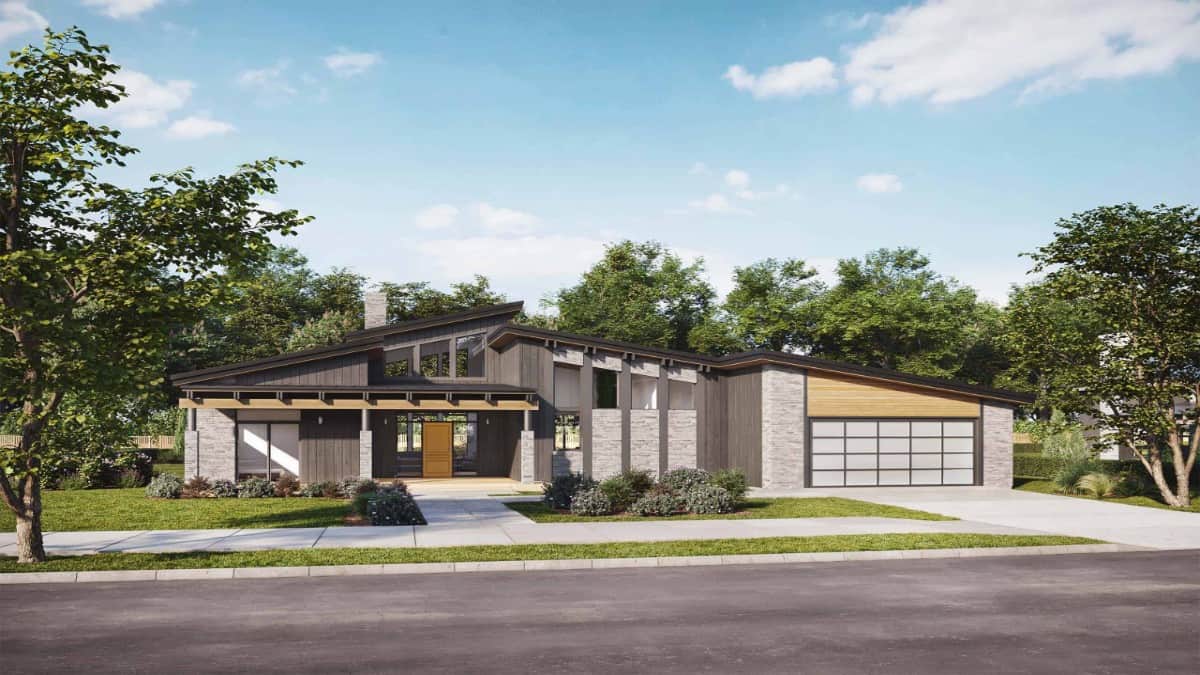 Single-Story 3-Bedroom Mid-Century Modern Home with Double Garage and Open Concept Design (Floor Plan)