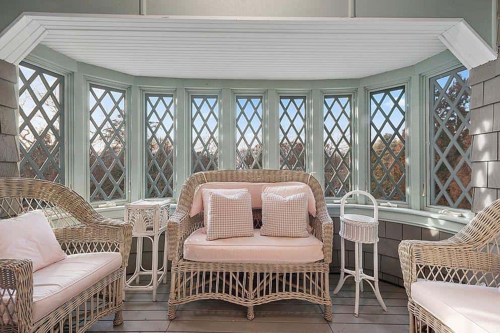 Farm-house style with faded colors of pink and gray.